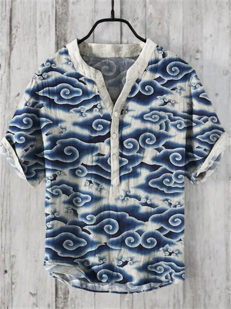 2025 New men's Linen short-sleeved Shirt Fashion Casual Printed Tops European And American Popular Style men's Clothing