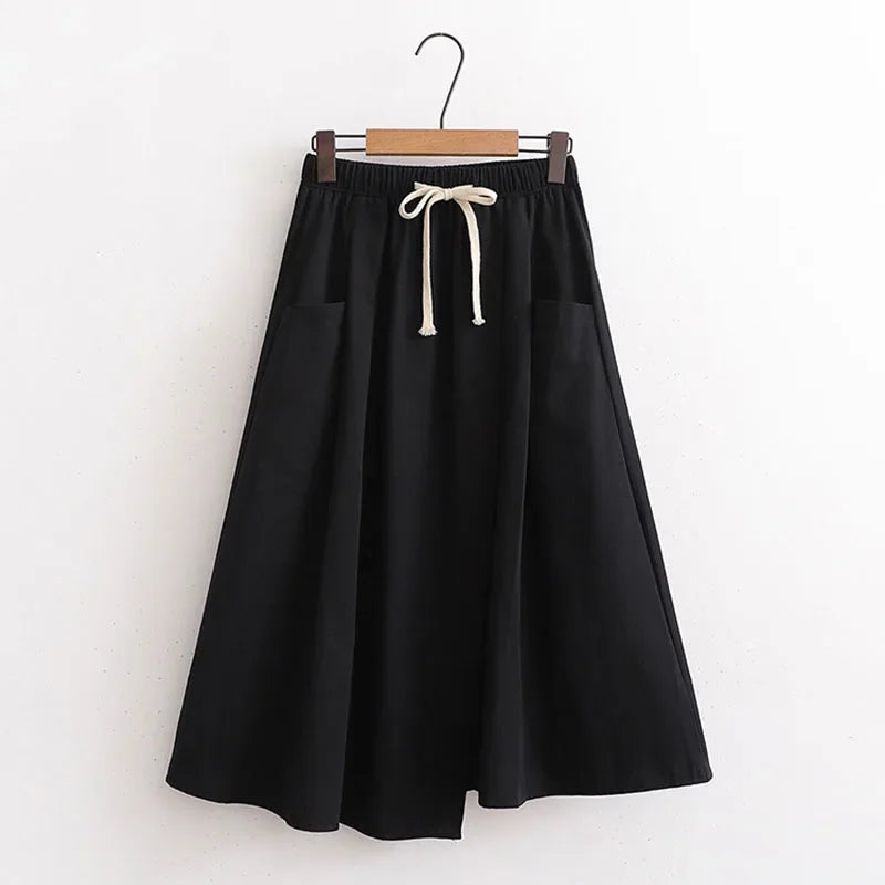 Elegant Vintage Women Skirt Summer Korean Style Solid Elastic High Waist Midi Long Skirt With Belt Female Office Ladies Wear