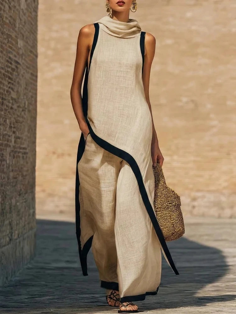 Women's Two-piece Sleeveless Contrasting Color Wide-leg Trousers 2026 Summer Casual Fashion Solid Color Irregular Suit For Women