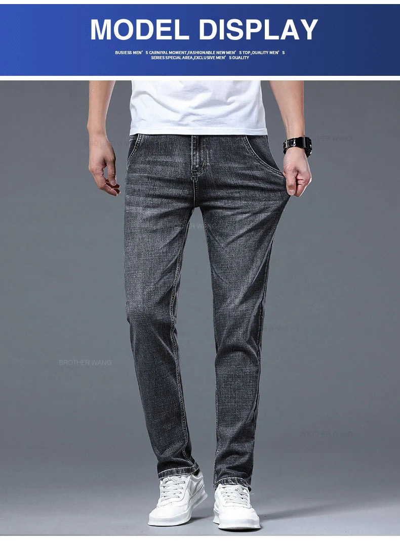 Classic Summer Men's Thin Stretch Fit Jeans Business Casual Slim Fit Denim Pants Soft Fabric High Quality Straight Leg Trousers