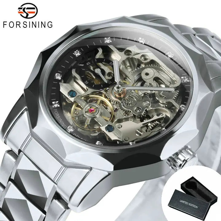Forsining Fashion Tourbillon Skeleton Automatic Mechanical Watch for Men Luminous Hands Iced Out Watches Stainless Steel Strap