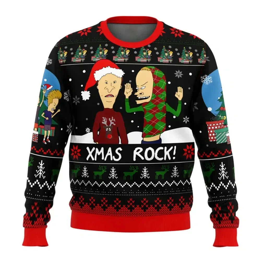 Xmas Rock Beavis and Butthead Ugly Christmas Sweater Cartoon Anime Women Men Pullover Tops New Fashion Couple Hoodie Sweatshirt BAZAARHUBO