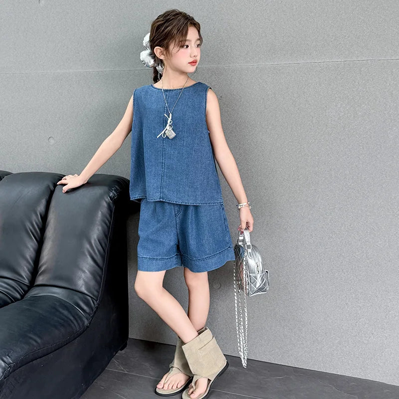 High Fashion Children Summer Denim Suit for Girls Casual Vest + Shorts 2 Piece Clothing Set Kids Trendy Street Outfit Age 5-14 Y