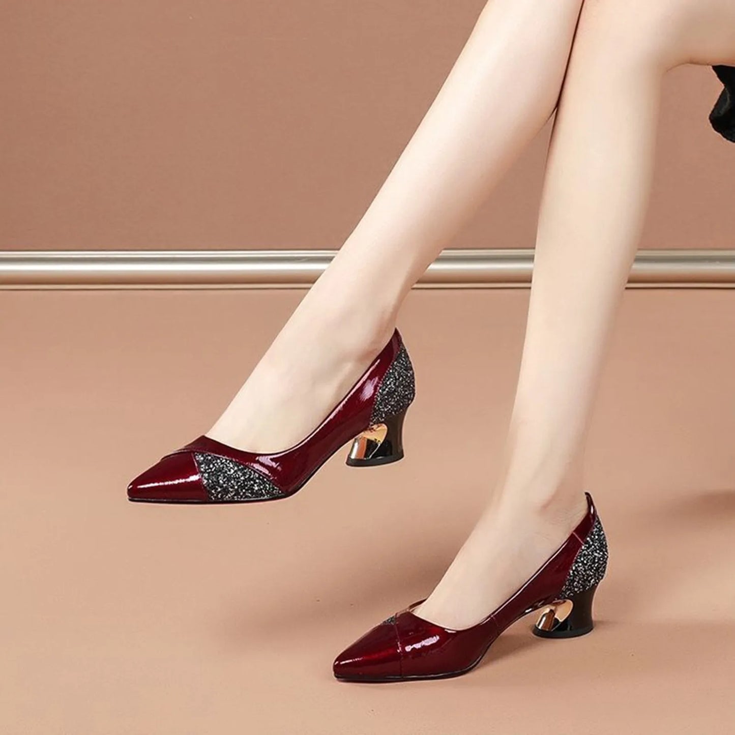 Fashion Women's High Heels Pumps 4CM Low-Heeled Elegant Ladies Wedding Shoes Sexy Red Pointed Toe Shallow Slip-On Party Shoes