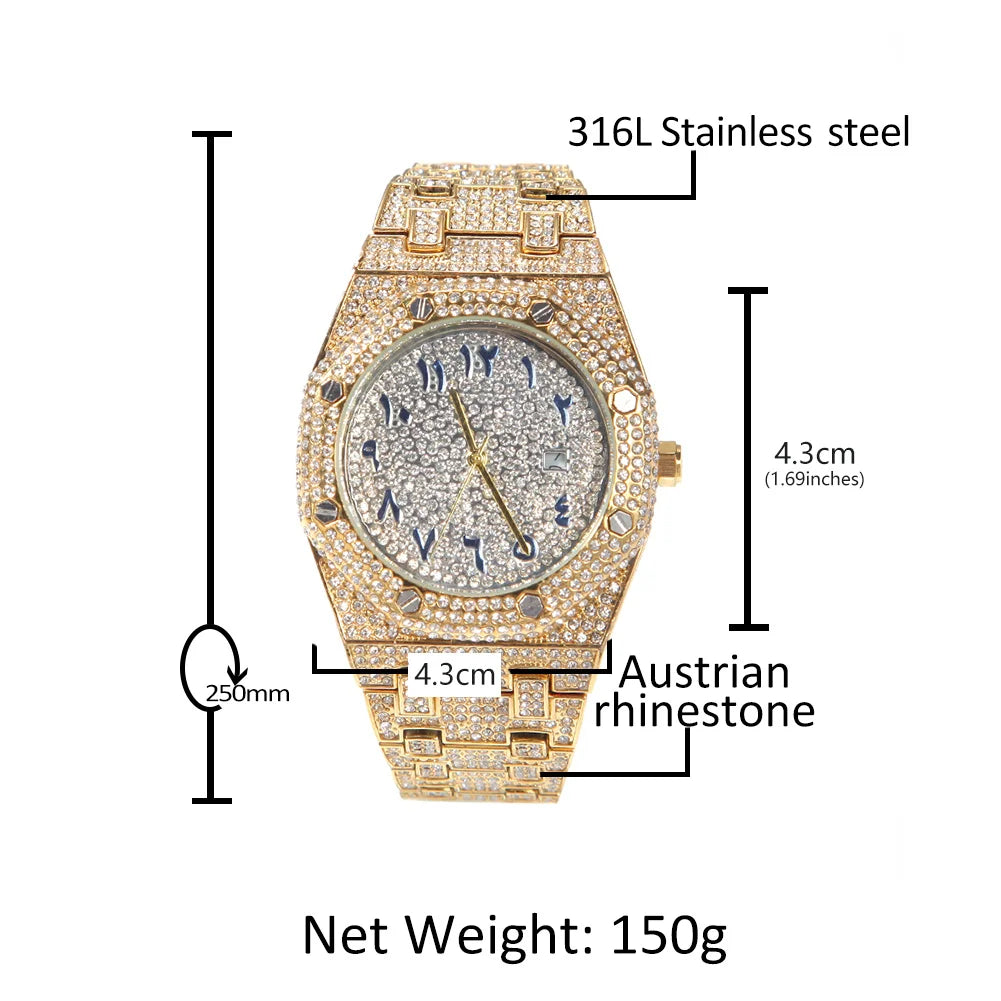 UWIN Hip Hop Stainless Steel Wristwatches for Men Full Iced Out Stones Fashion Luxury Zircon Quartz Square Watches for Gift