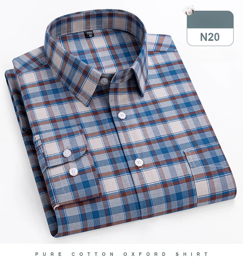 plus size 14xl 100%cotton long-sleeve shirts for men slim fit formal plain shirt soft plaid striped tops office elegants clothes