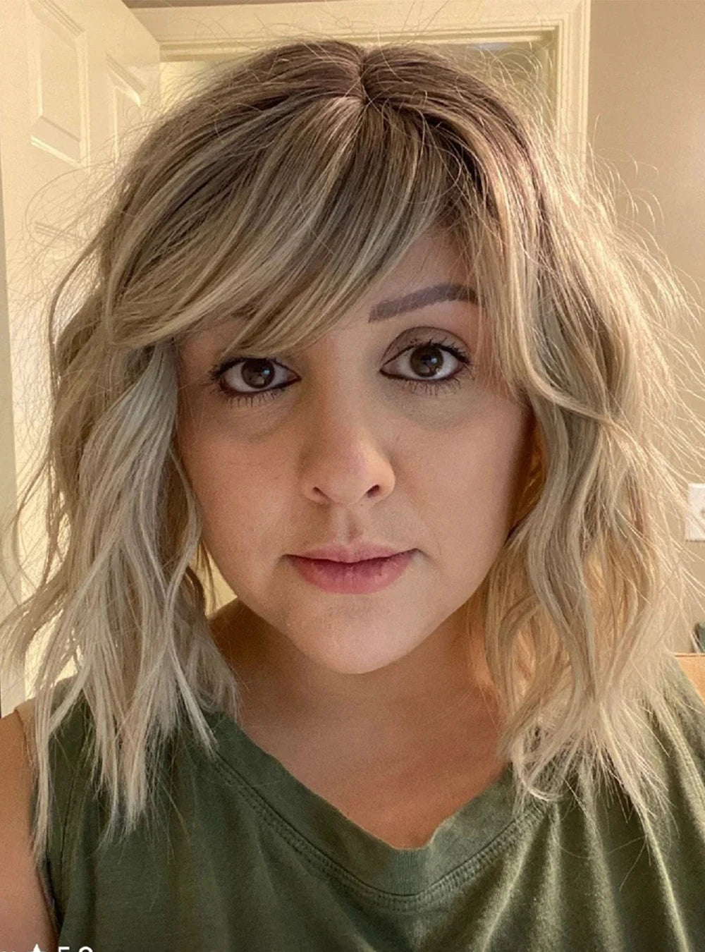 Rooted Blonde Bob Wig with Bangs Heat Resistant Fiber Highlighted Fringe Wavy Wig Synthetic Lace Front Wig for Women Daily Use