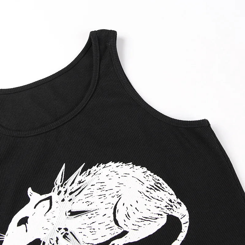 Mouse Print Black Tank Goth Sexy Bodycon Cropped Tops Women Streetwear Harajuku O Neck Knitted Basic Tank Top