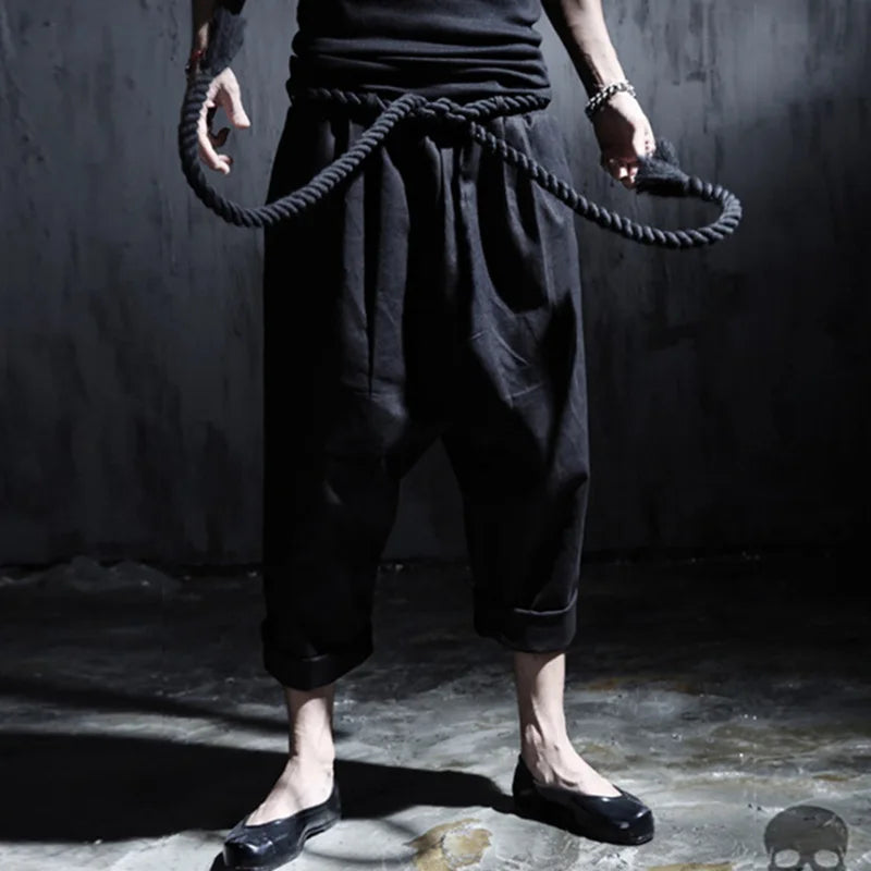 Men's Summer Black Linen Harem Pants Nightclub Stage Baggy Trousers With Rope Belt Mens Gothic Punk Hip Hop Joggers Street Wear