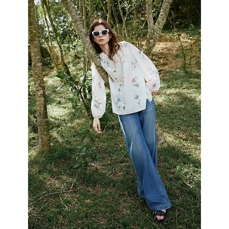TOYOUTH Women Blouse Shirt 2025 Spring New Linen Floral Printed Velvet Casual Pullover Tops BAZAARHUBO