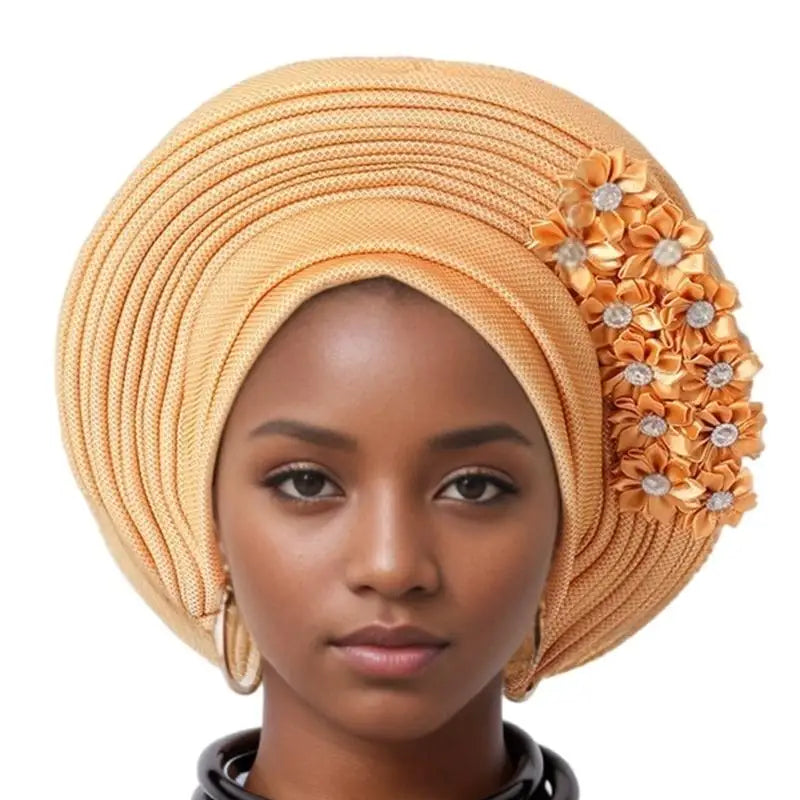 39BD African Turban Headwrap for Female Fashion Formal Head Scarf Bonnet Hat Turban Ethnic Flower Head Turban Nigerian Hat