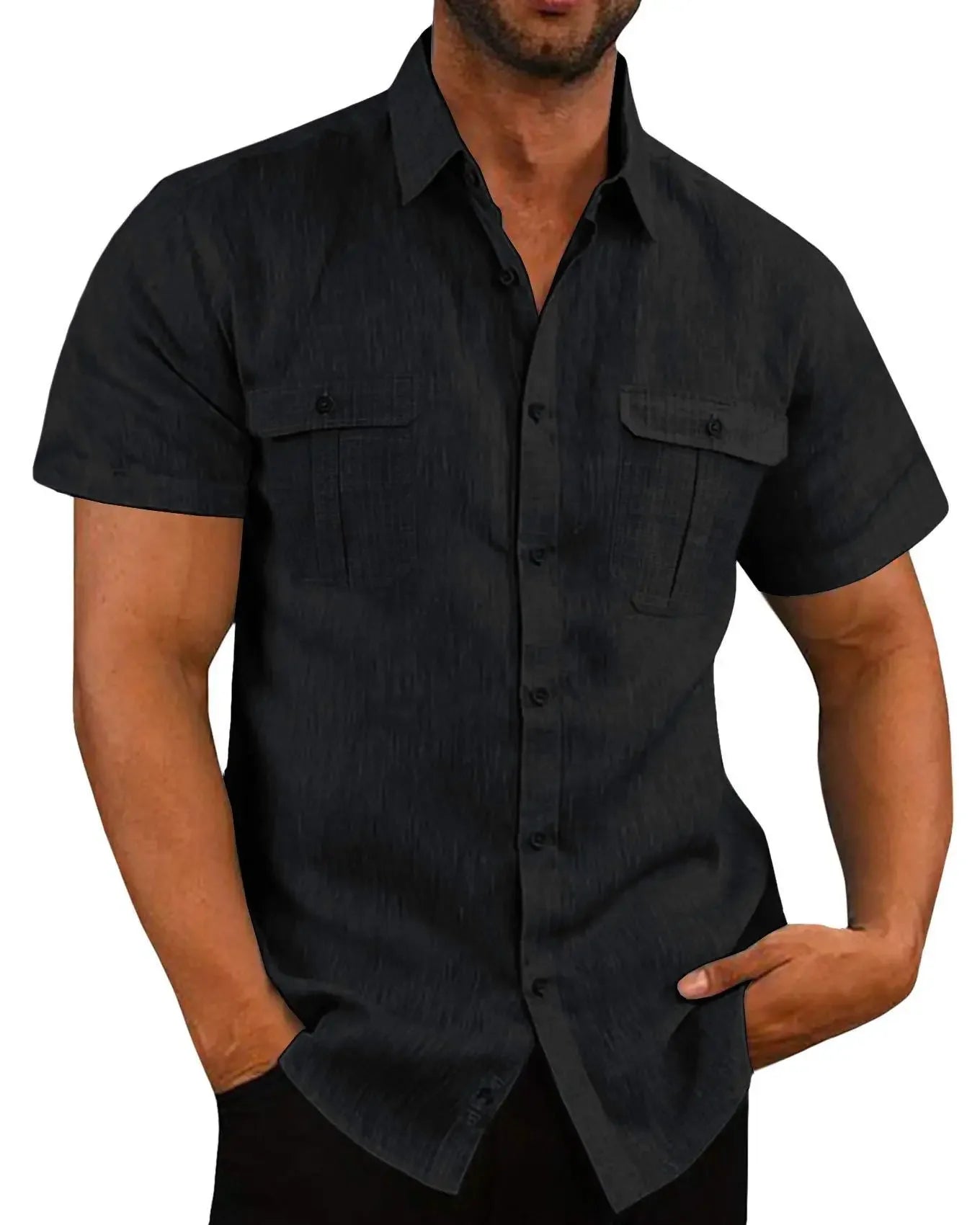 Cotton Linen Hot Sale Men Short-Sleeved Shirts Summer Solid Color Stand-Up Collar Casual Beach Style Shirts Tailor-made T-Shirts