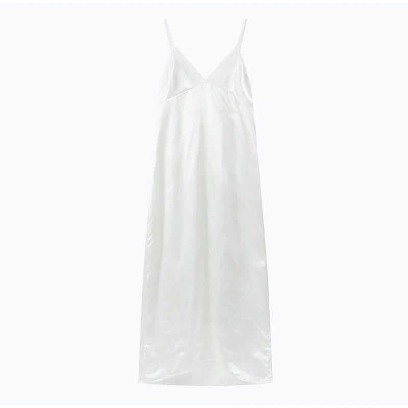 Women V-neck Satin Sling Maxi Dress Sexy White Lace Patchwork Sleeveless Backless Slim Gowns 2026 Evening Party Chic Dresses New