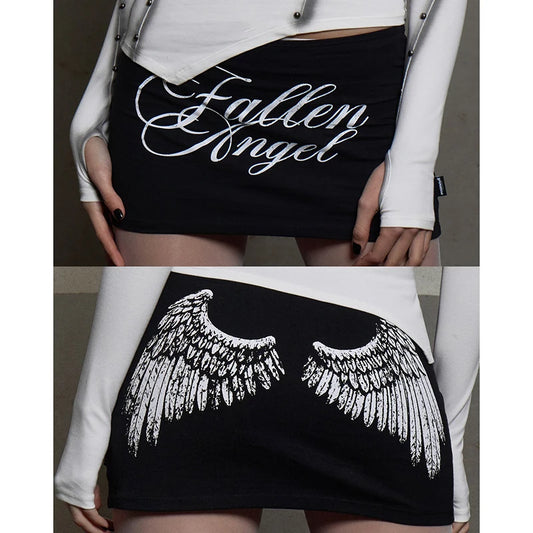 Women's Casual Punk Skirt Black Embellished & Wing Print Low Rise Slim Fit Bodycon Mini Skirt 2026 Women's Clothing Skirts