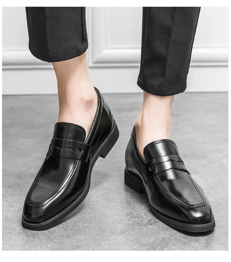 New Men Leather Shoes Height Elevator Shoes For Men Luxury Dress Shoes Slip On Business Comfortable Increase 6cm Wedding Loafers