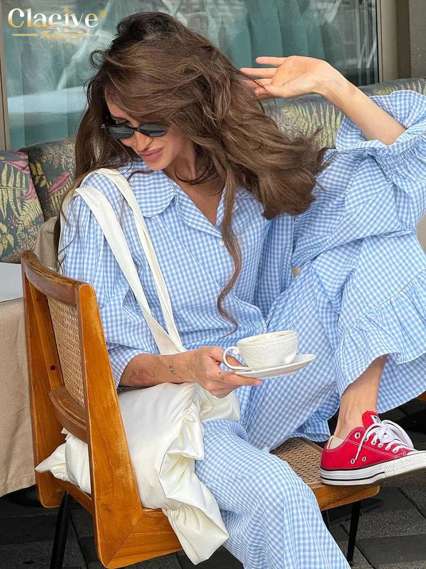 Clacive Fashion Loose Plaid Cotton Women's 3 Pieces Set 2025 Elegant Long Sleeve Shirt With High Wiast Wide Pants Set Female