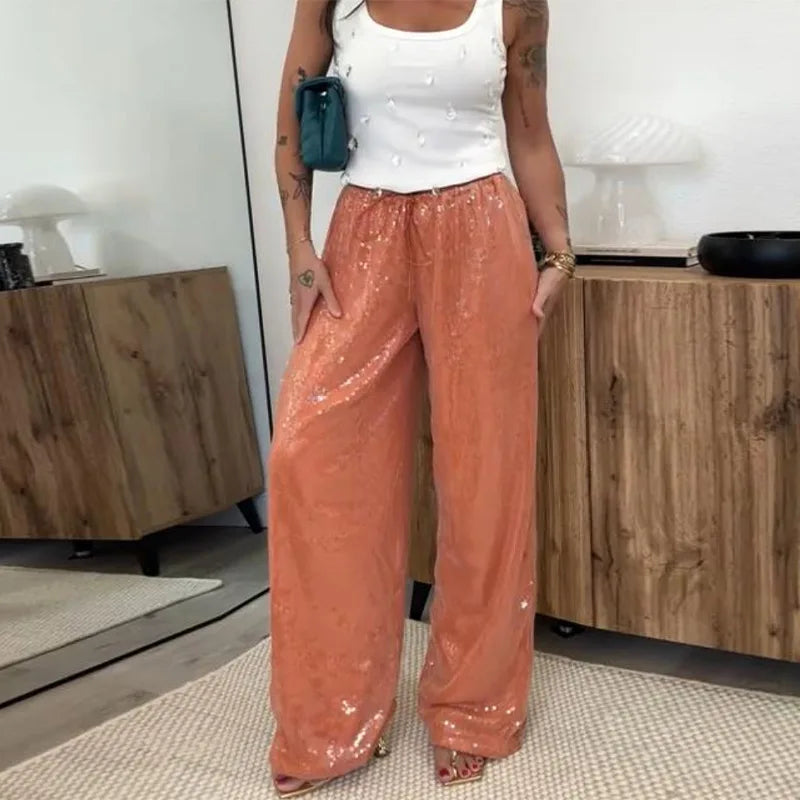 Women Sequin Pants Cinched Waist Glitter Baggy Straight Long Trousers
