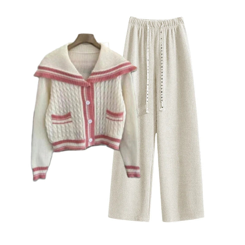 Knitted Spring Preppy Style Sailor Neck Women's Knitted Cardigan Elastic Wide Leg Pants Long Sleeve Korean Sportswear Set