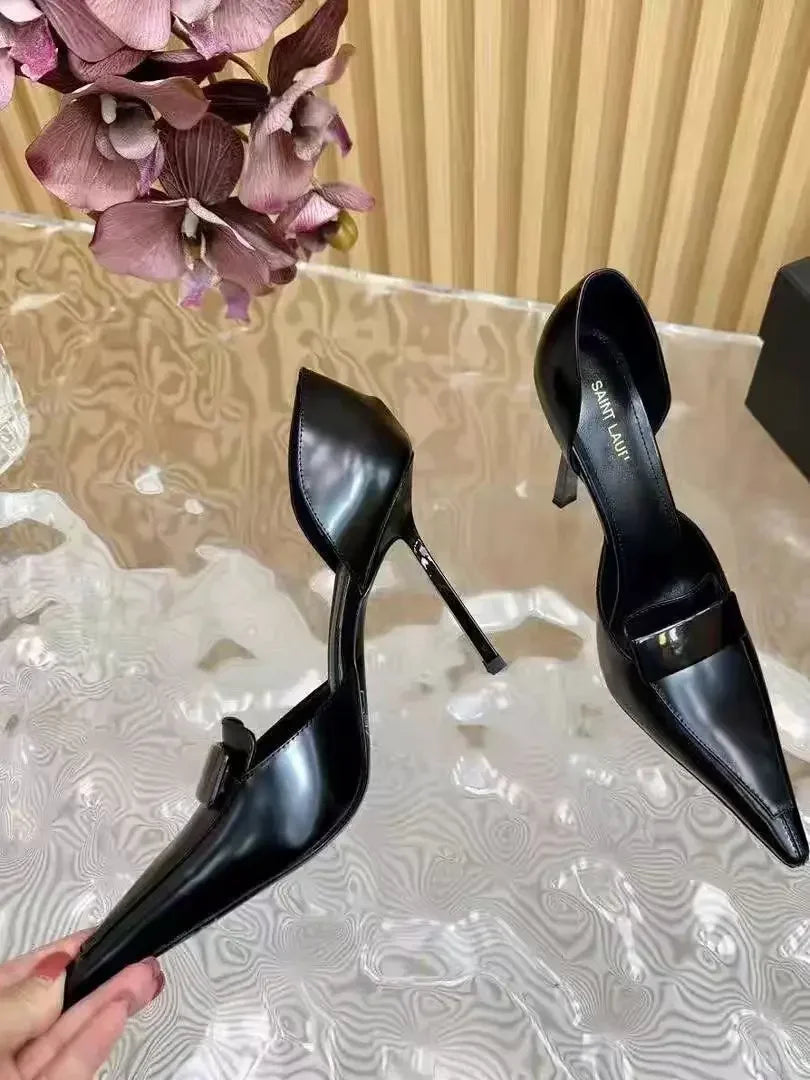 10cm Metal Blade Pointed Toe Stiletto Heels Pumps Coffee Brown Retro Fashion Dress Shoes Woman Thin High Heels Designer