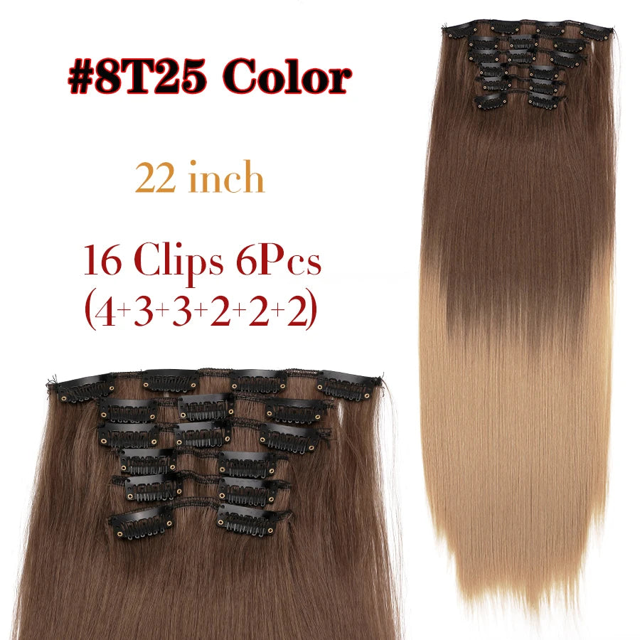 22 Inches Synthetic Long Straight Hairstyle 16 Clips 6Pcs/Set Hair Extensions Blonde Black Hairpieces Heat Resistant For Women