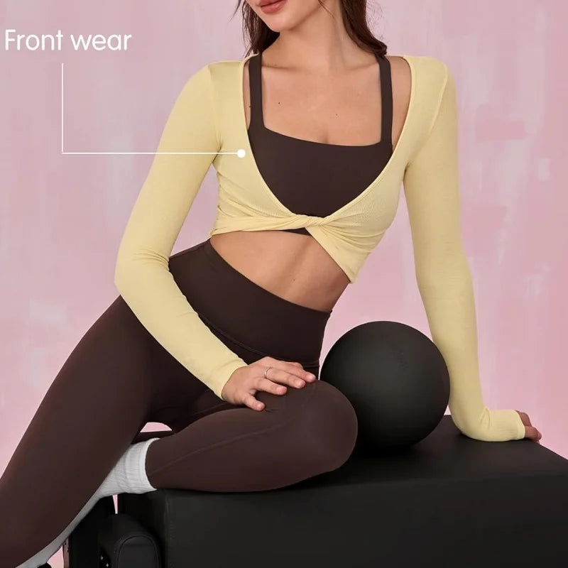 Sexy Twist Front  Long Sleeve Crop Top Women Ribbed Slim Yoga Clothing Quick Dry Gym Long Sleeved Shirt Run Workout Sportswear