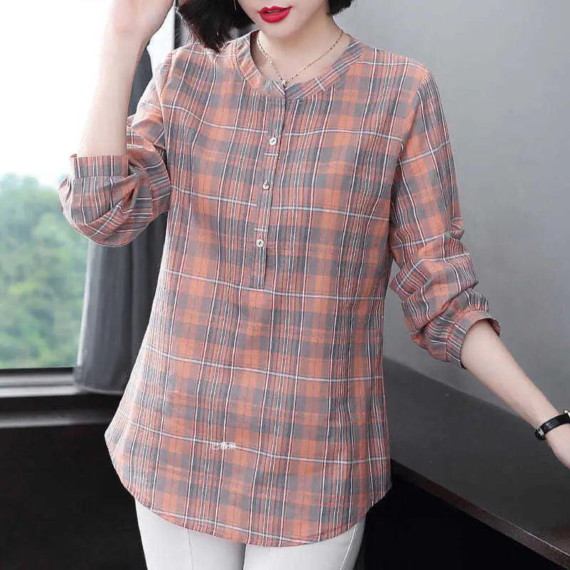 Fashion All-match Round Neck Plaid Shirt Women's Clothing Summer New Vintage Casual 3/4 Sleeve Button Spliced Pullovers Blouses