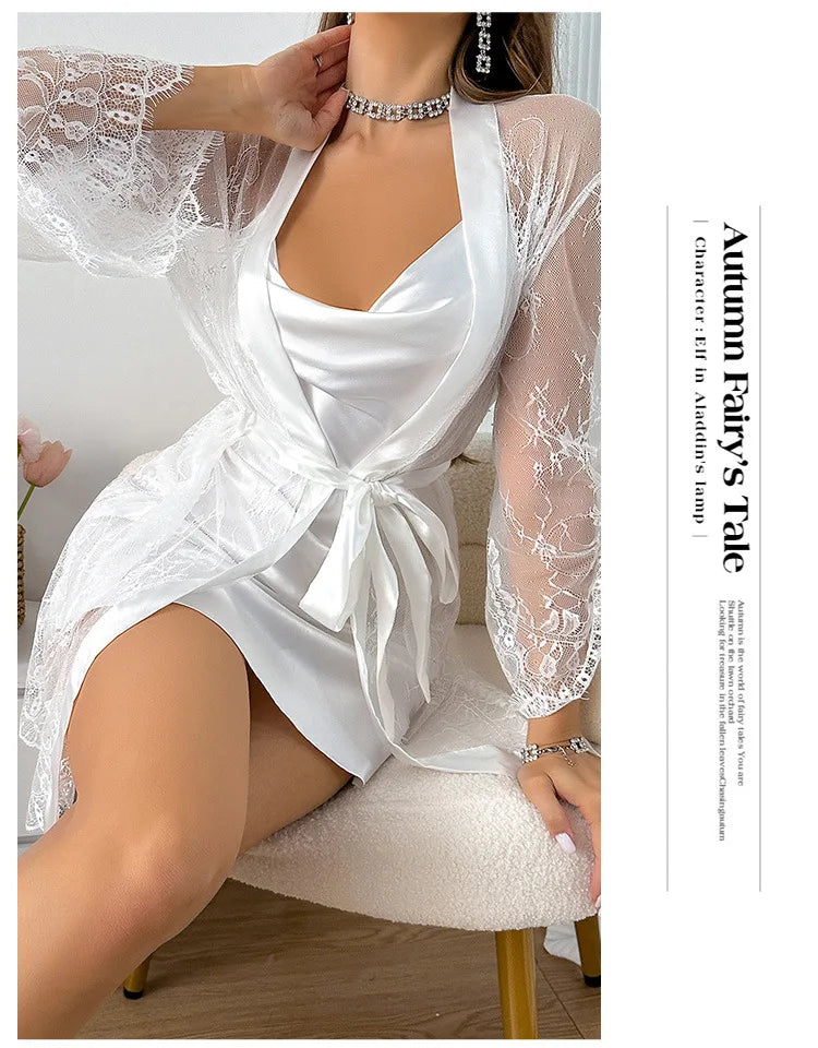 White Silk Satin Bride Wedding Robe Dress Nightgown Set Sexy Perspective Lace Bathrobe Nightdress Lingerie Loose Casual Homewear