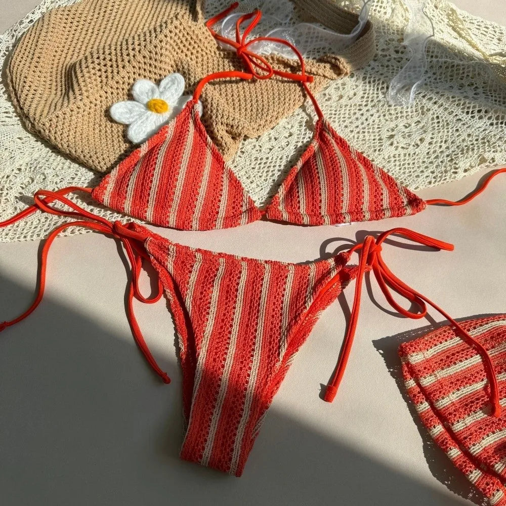 Fashion Stripes 3 in 1 Swimwear Set Lace Up Slim Fit Bikini Bathing Suit Deep-V Sleeveless Knitting Swimsuit Beach