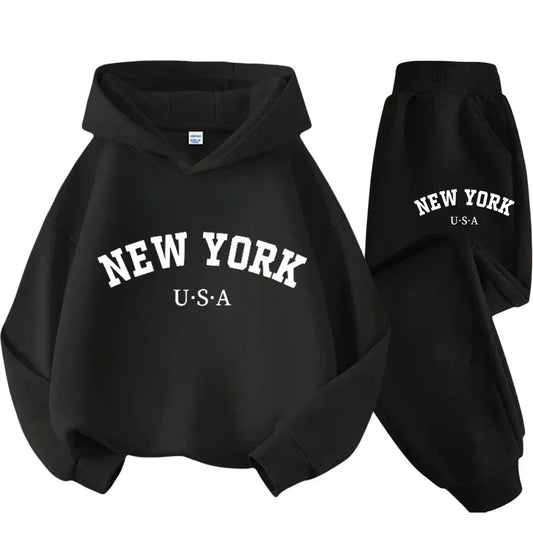 Children's Black Sports Outdoor Letter Print Hooded Sweatshirt 3-12 Years Old Boys and Girls Casual Set Sweatshirt + Pants