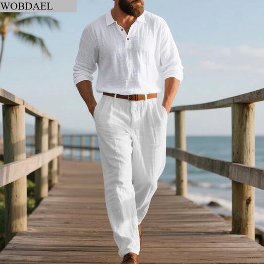 WOBDAEL Mens Linen Set T-shirt and Pant Sets 2 Pieces Outfit Long Sleeve Lapel Spring Fall Plain Fashion Casual Beach Daily Wear