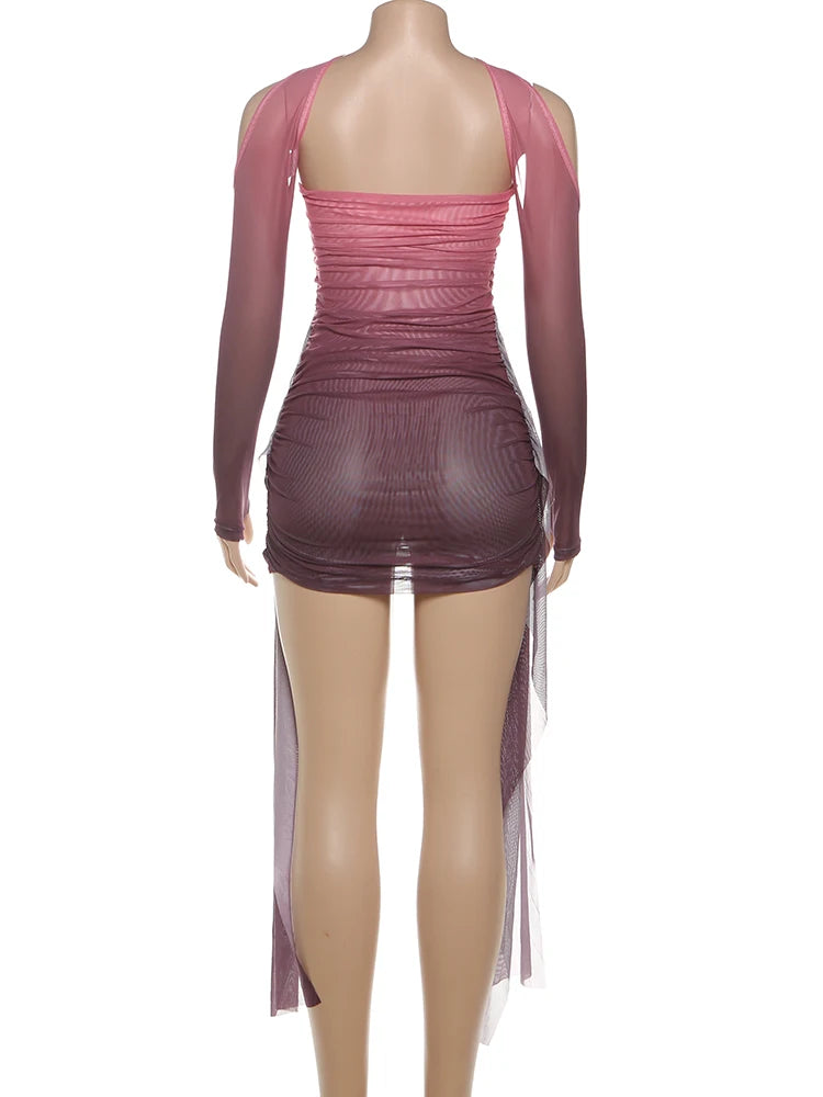 Sisterlinda Mesh Simple Mini Dress Fashion Solid Strapless Ribbons Tassel Body-shaping Vestidos+Seperately Full Sleeve Gloves