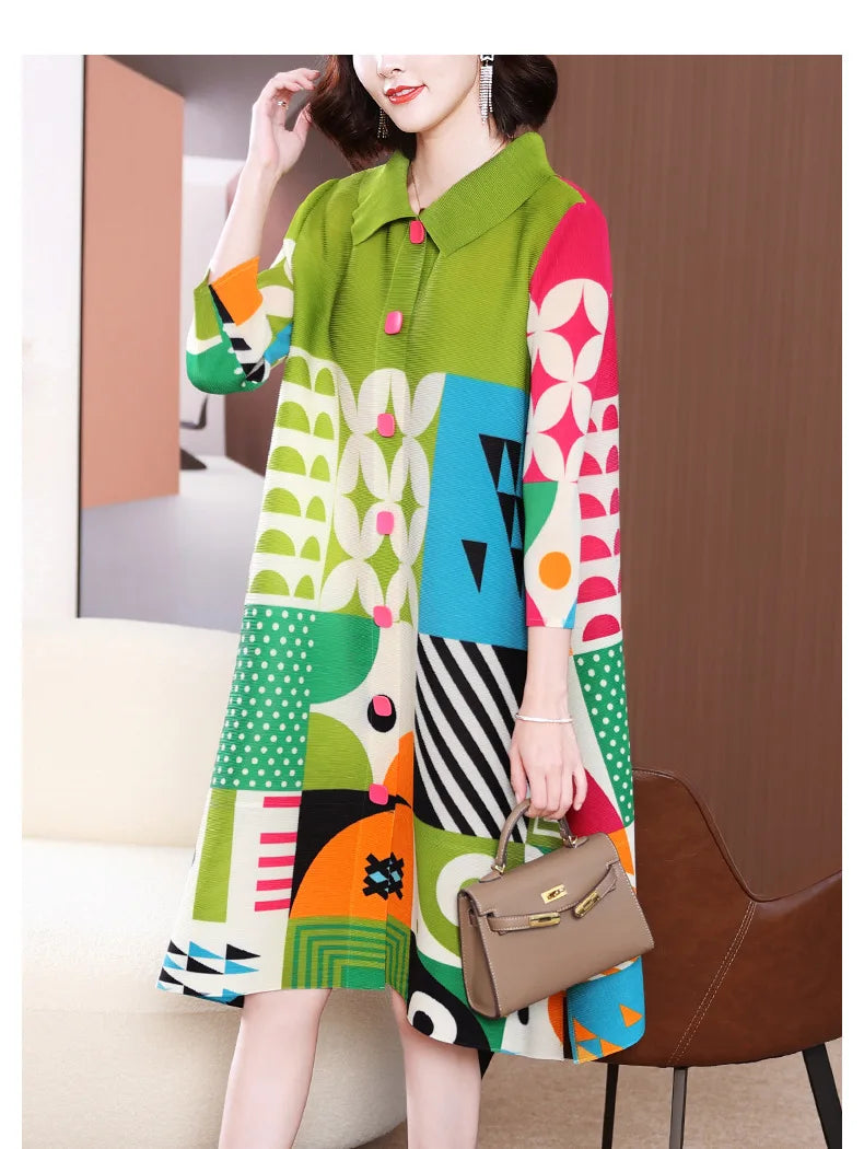 Miyake Pleated Dress Women 2024 Spring New High-End Design Sense Printing Lapel 3/4 Sleeve Single-breasted Fashion Shirt Dresses