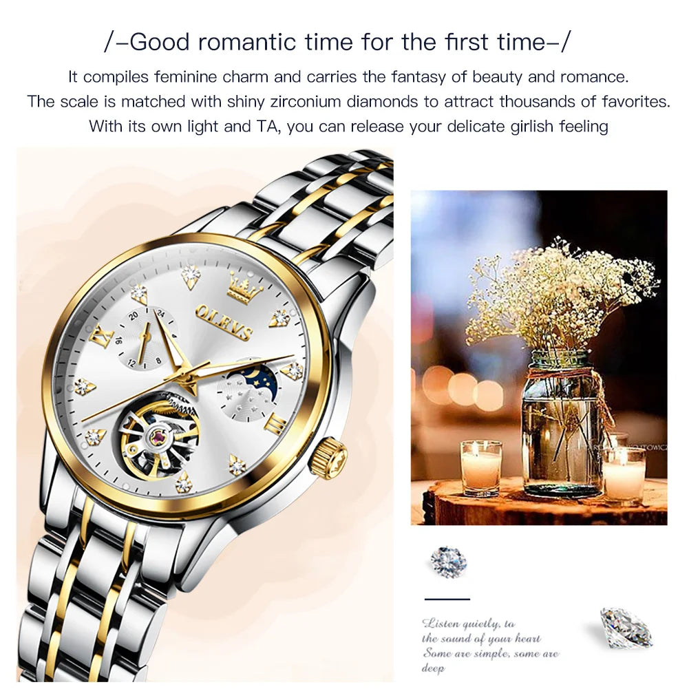 OLEVS 6608 Women Watch Original New Luxury Watch Stainless Steel Automatic Mechanical Diamond Scale Waterproof Watches For Women