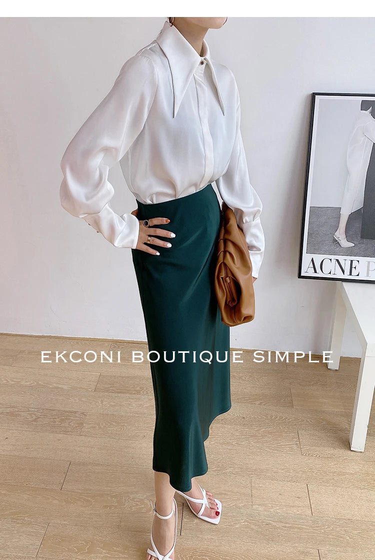 Stylish Elegant Turn Down Collar White Long Sleeve Satin Shirts Fashion Woman Vintage Blouse 2024 Office Lady Tops Blusas 16946
