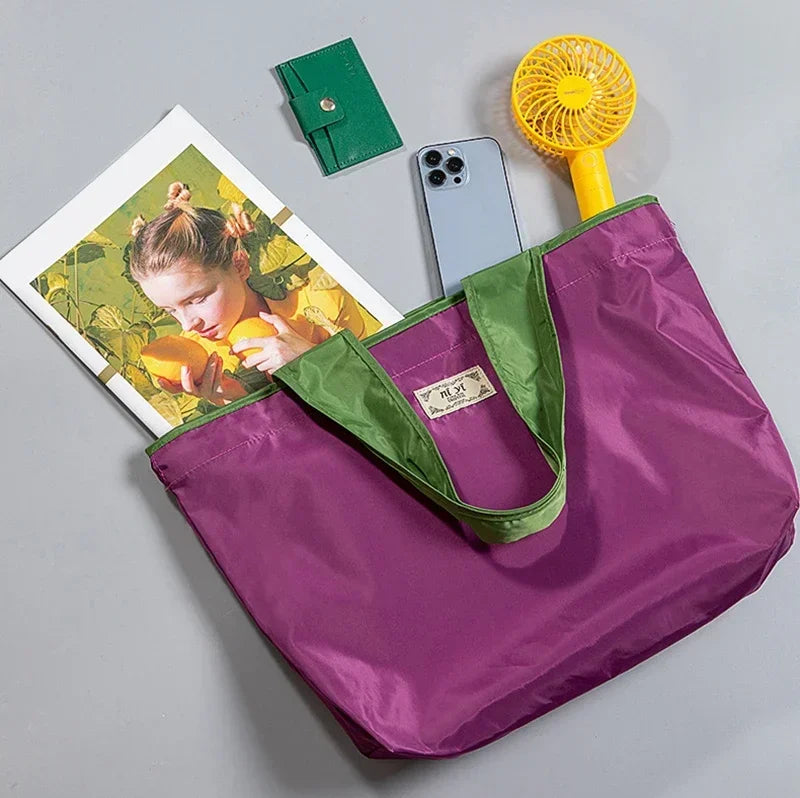 Foldable Eco-Friendly Shoulder Bags Women's Reusable Grocery Bag Large Capacity Foldable Shopping Bag with Drawstring Closure