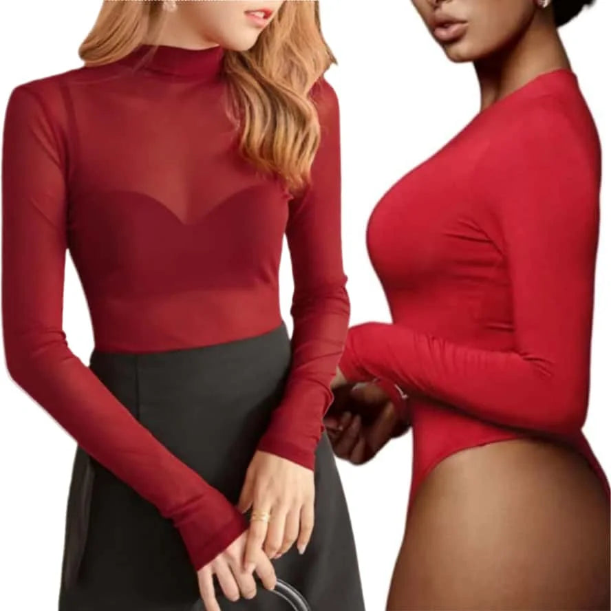 Open Crotch One-pieces Sheer Black red Long Sleeve Sexy Bodysuits Shirts Tops Lingerie Club Street wear for Woman Plus Size 3XXL