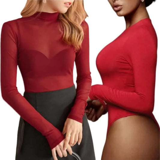 Open Crotch One-pieces Sheer Black red Long Sleeve Sexy Bodysuits Shirts Tops Lingerie Club Street wear for Woman Plus Size 3XXL