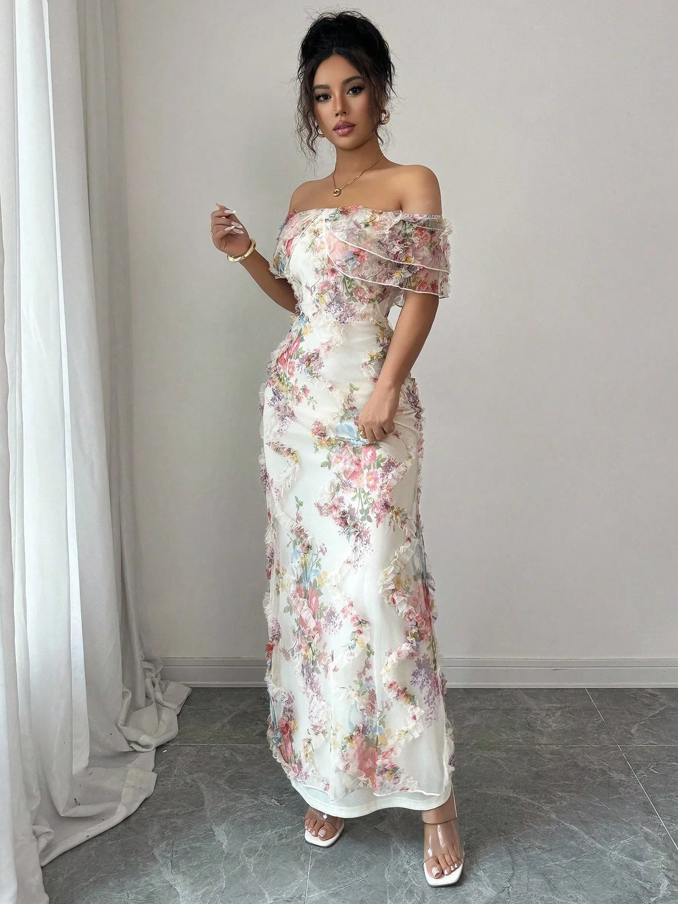 Women's Dresses Elegant and Romantic Ruffled Dress Ladies Sexy Off-the-Shoulder Fitted Mesh Floral Dress Party Gown for Female