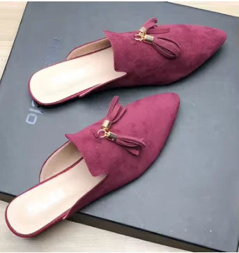 Women Metal Fringe Slippers Flock Shoes Front Closed Toe Khaki Purple Slide For Small And Wide Feet 44-33 22cm Comfortable Tacon
