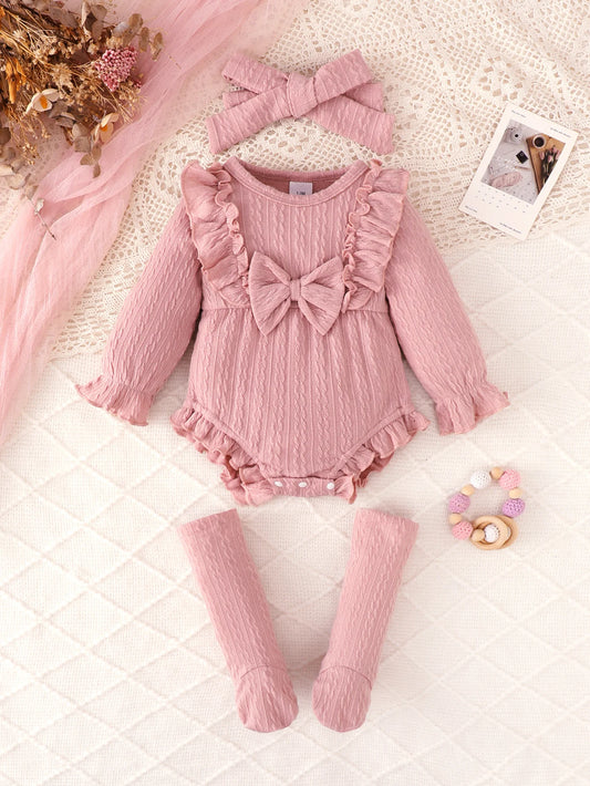 Baby Girl Romper And Long Socks Set with Bowknot Lace Casual Cute Outfit Long Sleeve Onesie for Infants