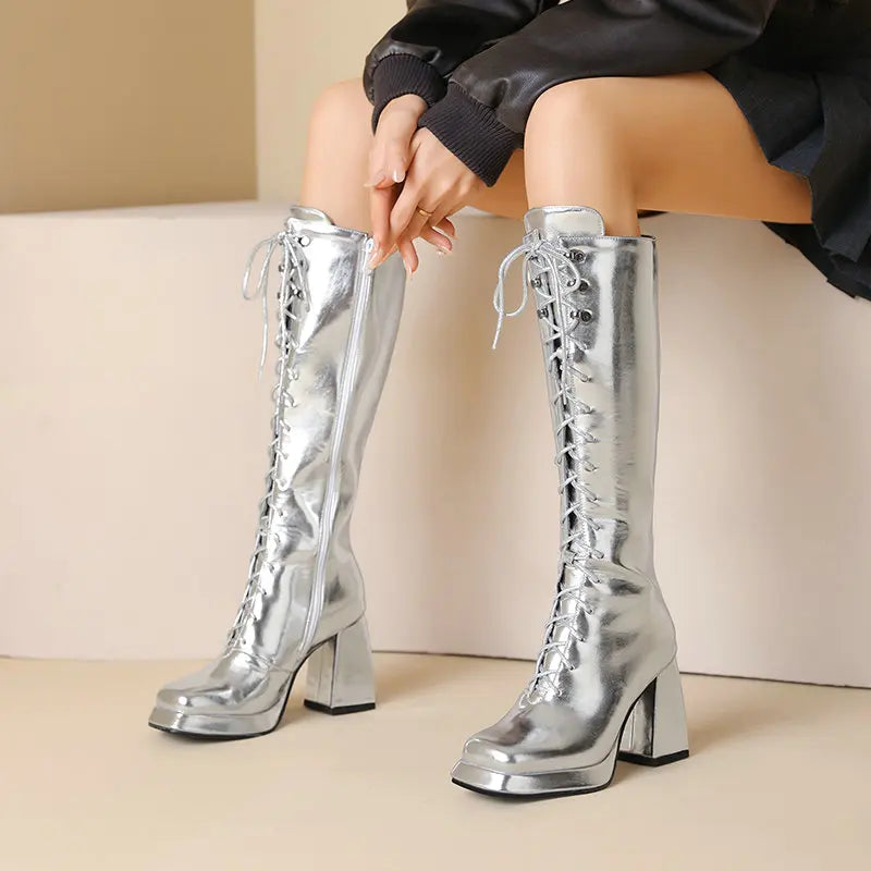 Big Size 45 46 Women Shoes Winter Fall Warm Lace-up Chunky High Heels Metallic Gold Silver Knee-high Riding Platform Goth Boots