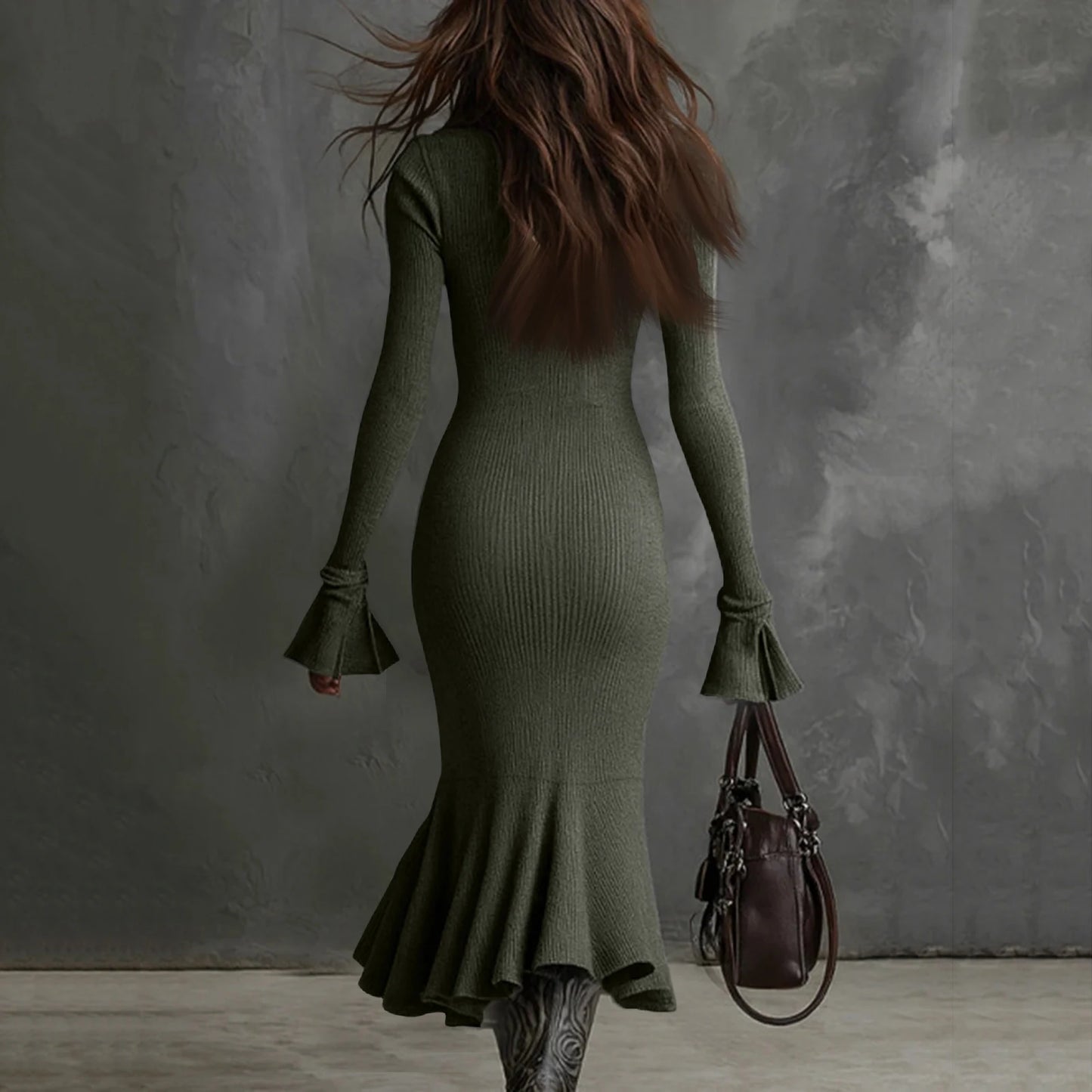 Fall Winter Sweater Dress Quarter Zip Bell Sleeve Mermaid Knit Bodycon Long Dress Trendy Chic Slim Fit Flared Hem Party Dress
