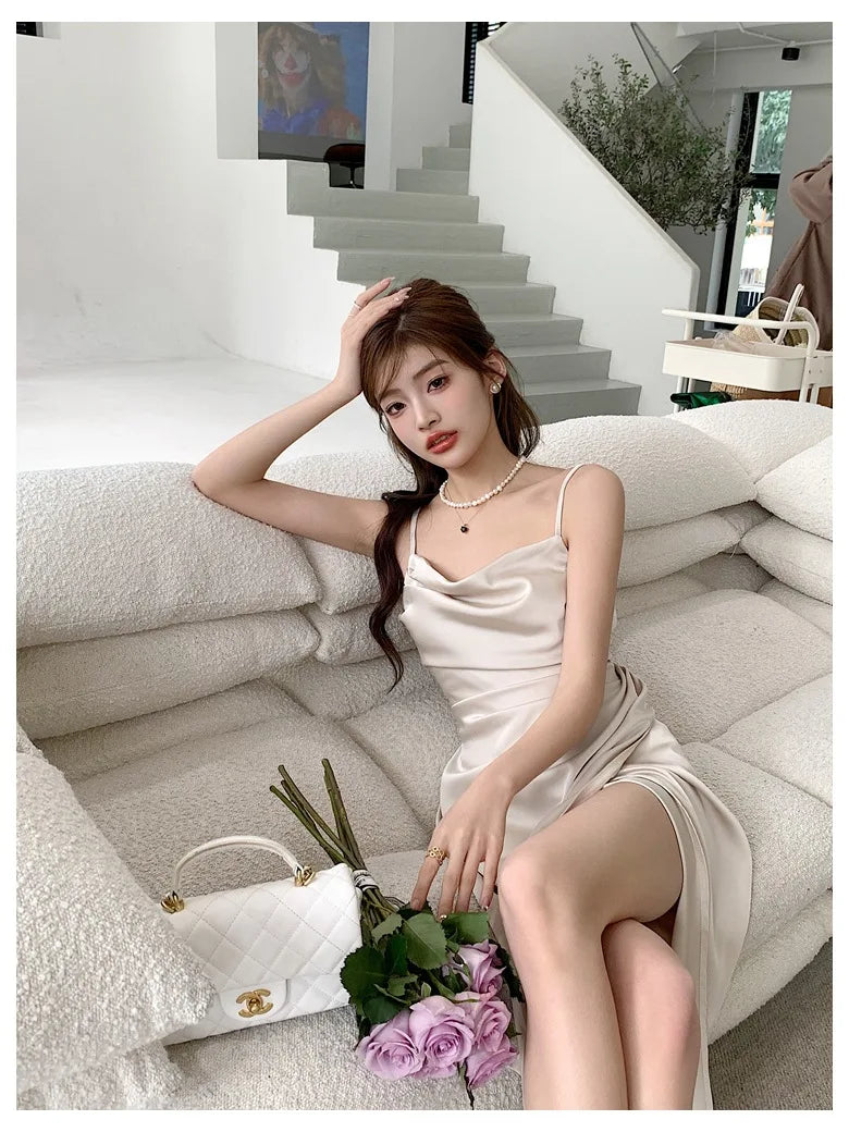 summer Europe and the United States aristocratic style texture satin pleated waist design solid color sexy slit slip dress