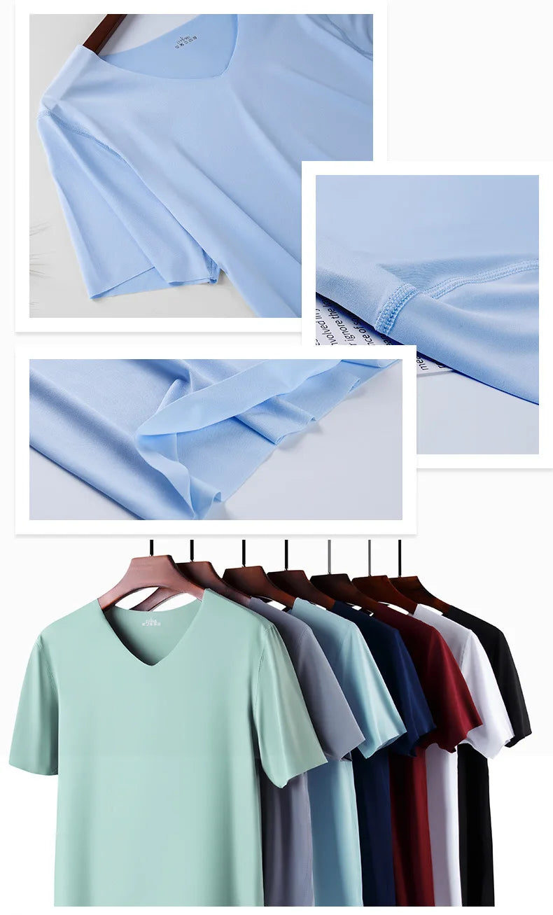 Men's Skinny Undershirt Plus Size Ice Silk Basic Shirts Breathable V-Neck Seamless T-shirt Underwear Thin Slim Bottoming Shirt