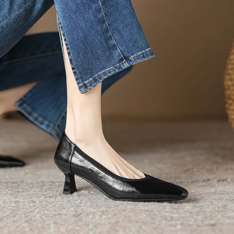 【JOCHEBED HU】Brand Genuine Leather Square Toe Women Pumps Slip Mid Heels Solid Color Dress Party Spring Autumn Shoes Handmade