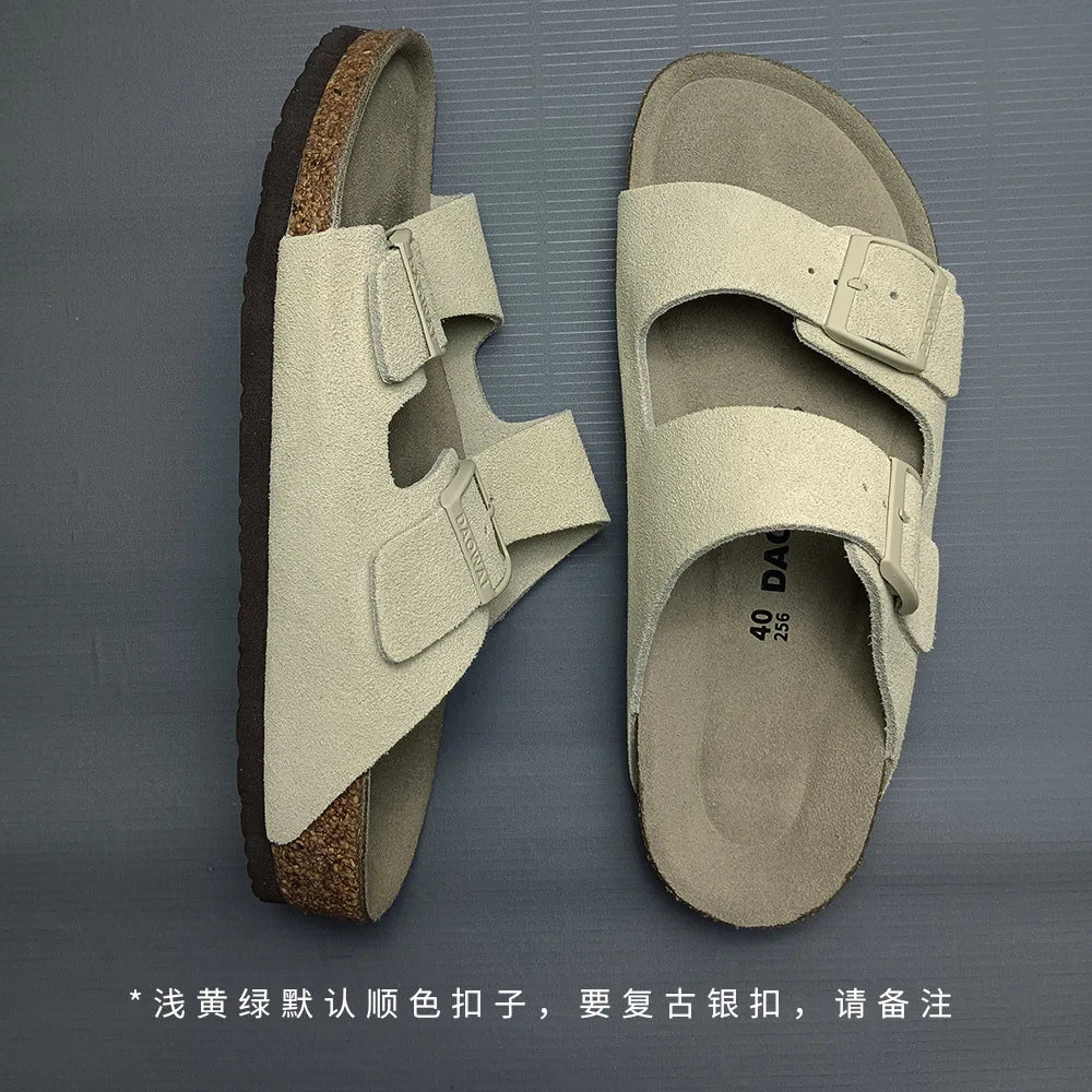 Genuine Leather Men Women Cow Suede Slippers Boy Girl Beach Slides Classic Cork Footbed Women Sandals  With Orthopedic Diabetic