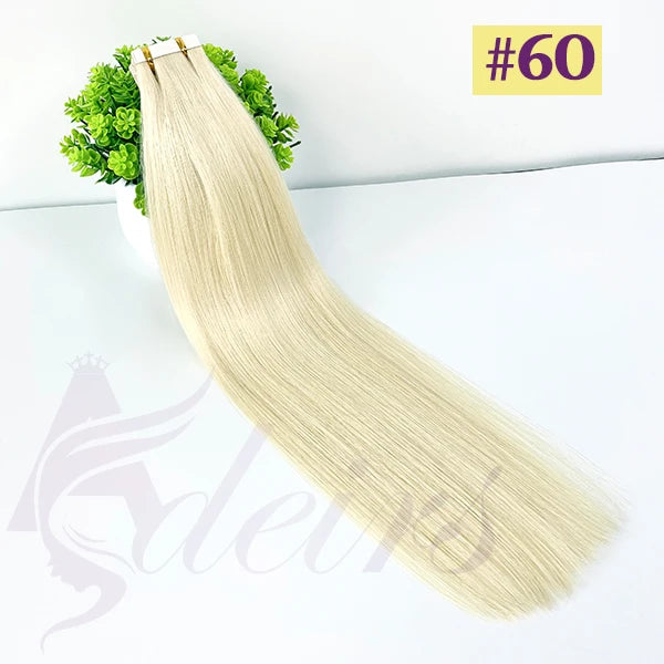 ADEIRS Straight Tape In Human Hair Extensions 100% Real Hair Extensions 16"-24" Black Brown Blonde #613 Invisible Tape In