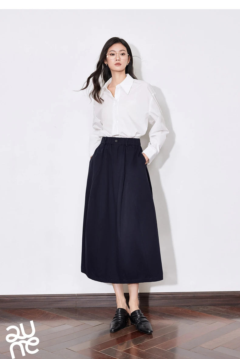 Toyouth Women Cotton A Line Umbrella Skirt Mid Calf Black