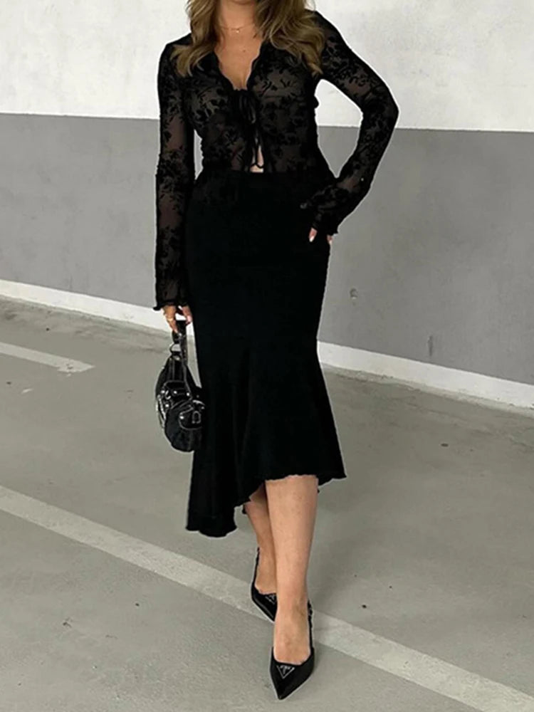 Autumn New Fashionable Chiffon Slim Fit Ruffle Trumpet Sleeve Shirt for Women