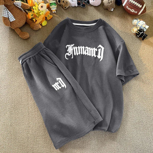 Printed Streetwear Tracksuit Men Summer Waffle Sets Casual Trendy Sportswear Short Sleeve T-Shirt Sports Breathable Shorts